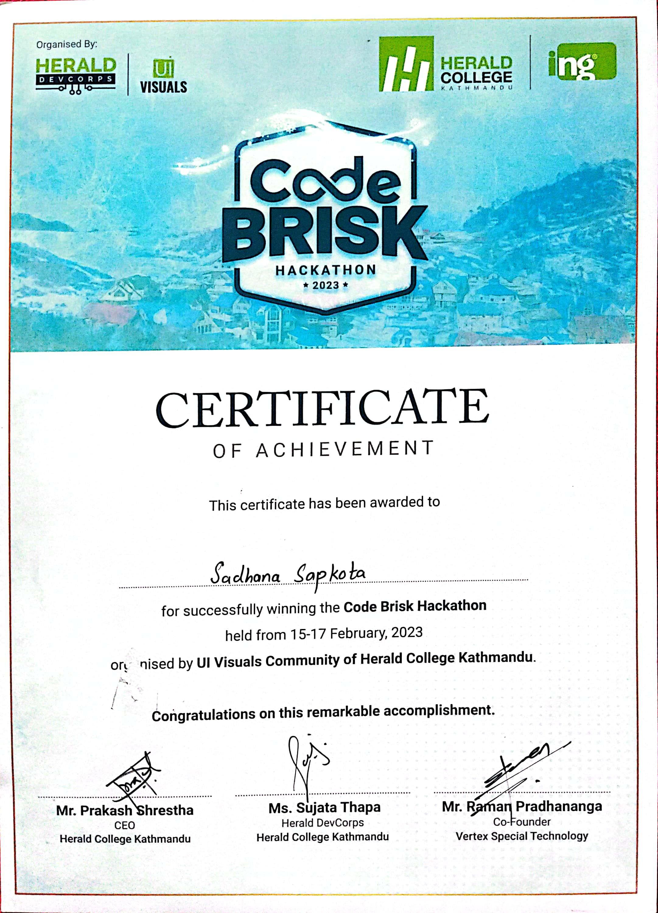 CodeBrisk Hackathon certificate
