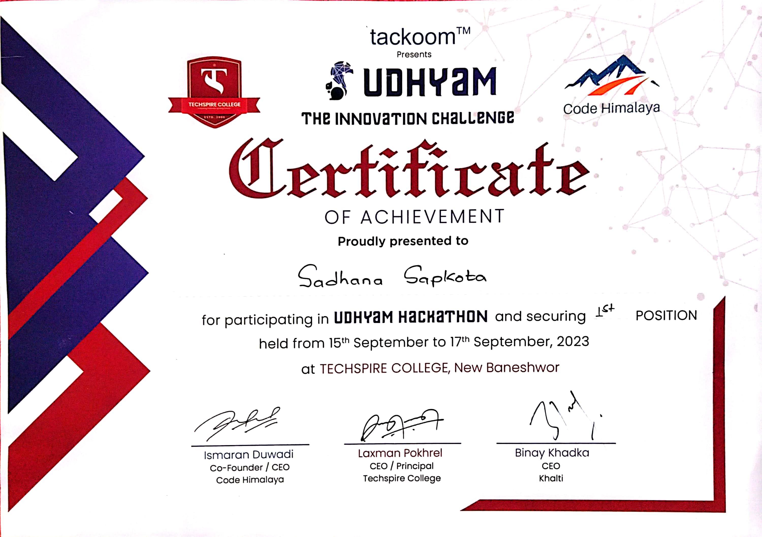Uddhyam Hackathon certificate